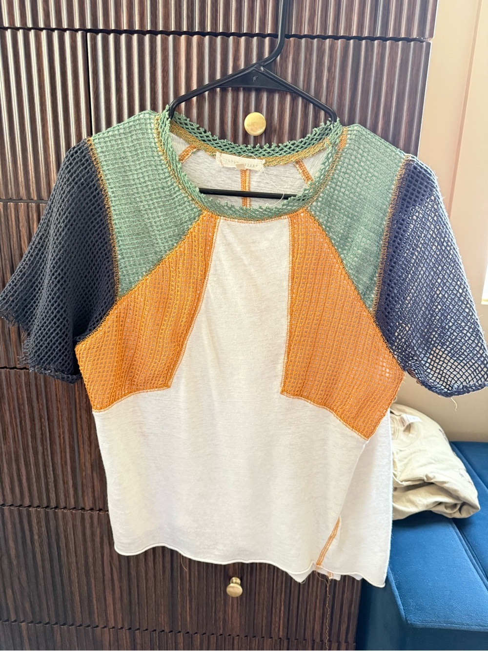 Woven Panel Short-Sleeve Top in White, Green, Orange, Navy